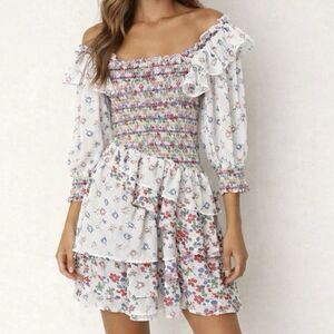 Yvonne & Love Floral Chiffon Ruffle Off Shoulder Mini Dress White Multicolor L
